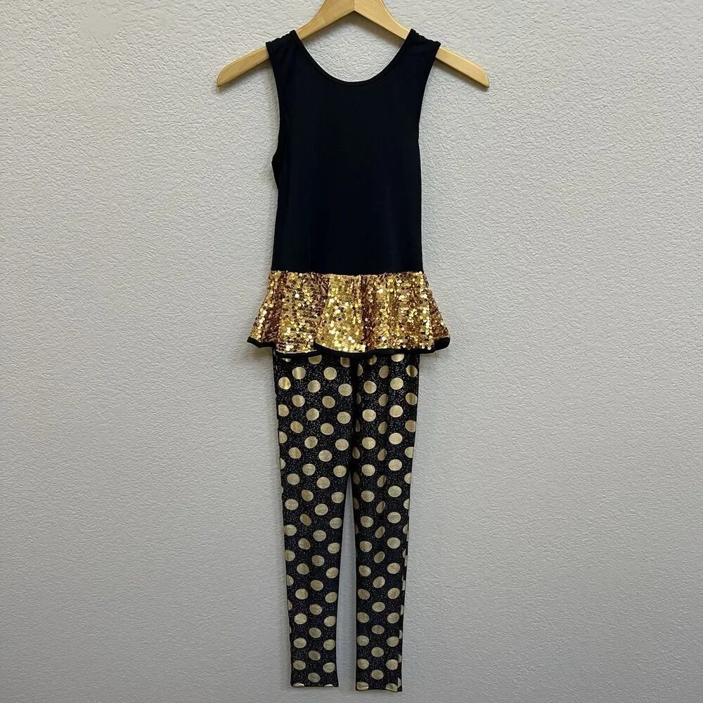 Weissman Size Child Medium Gold Digger Dance Costume Black Gold Sequin Jean Vest